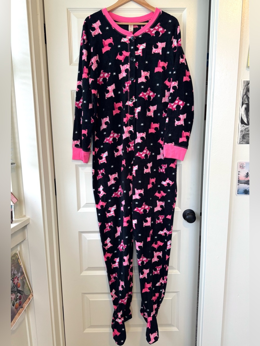 Women’s Footie Pajamas. Black and Pink Featuring Scottie Dogs. Front Buttons.